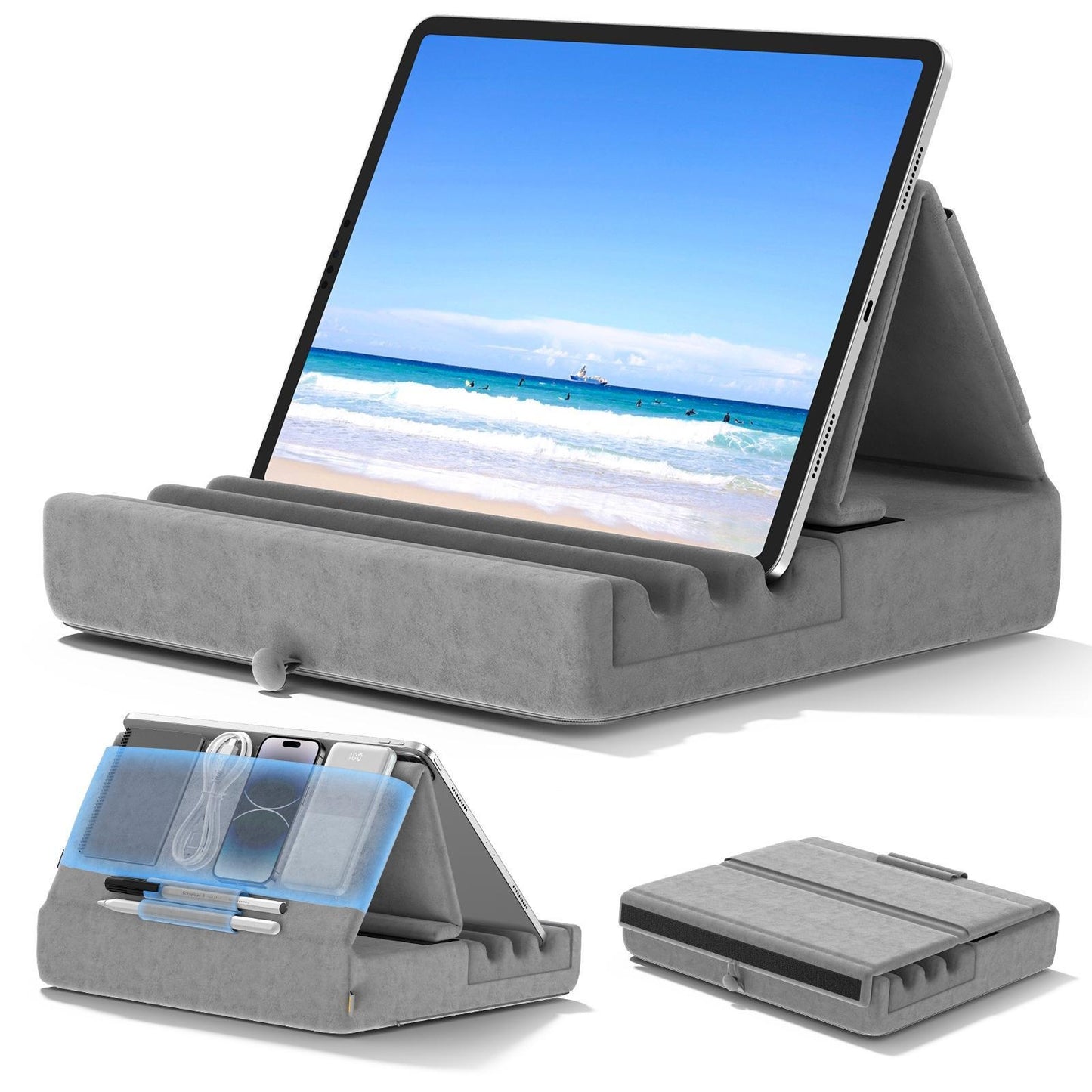 Tablet Pillow Holder, Foldable iPad Stand for Lap, Bed and Desk -Tablet Soft Pad Dock with Pocket & Stylus Mount for iPad Pro 12.9, 10.5, 9.7 Air Mini 6 5 4 3, Galaxy Tab, E-Reader