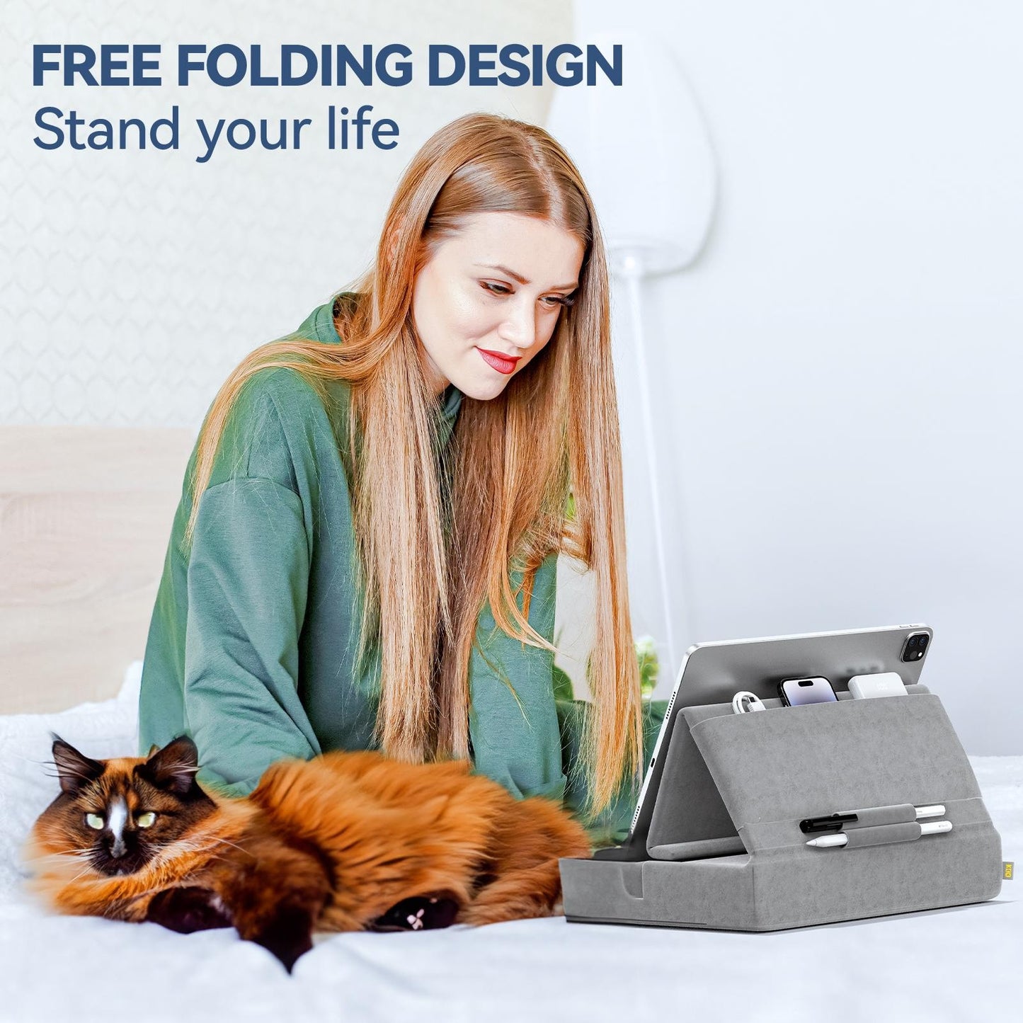 Tablet Pillow Holder, Foldable iPad Stand for Lap, Bed and Desk -Tablet Soft Pad Dock with Pocket & Stylus Mount for iPad Pro 12.9, 10.5, 9.7 Air Mini 6 5 4 3, Galaxy Tab, E-Reader