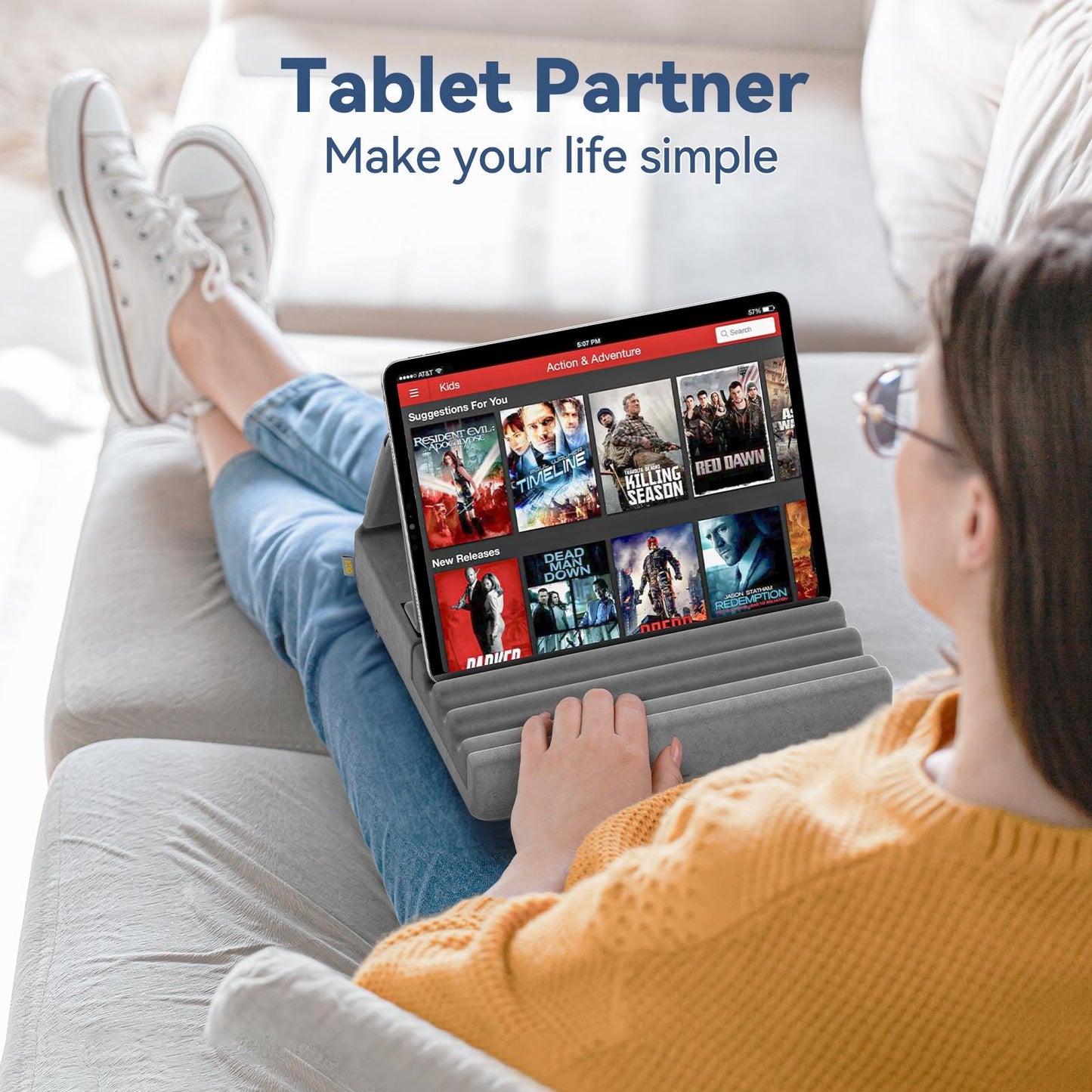 Tablet Pillow Holder, Foldable iPad Stand for Lap, Bed and Desk -Tablet Soft Pad Dock with Pocket & Stylus Mount for iPad Pro 12.9, 10.5, 9.7 Air Mini 6 5 4 3, Galaxy Tab, E-Reader